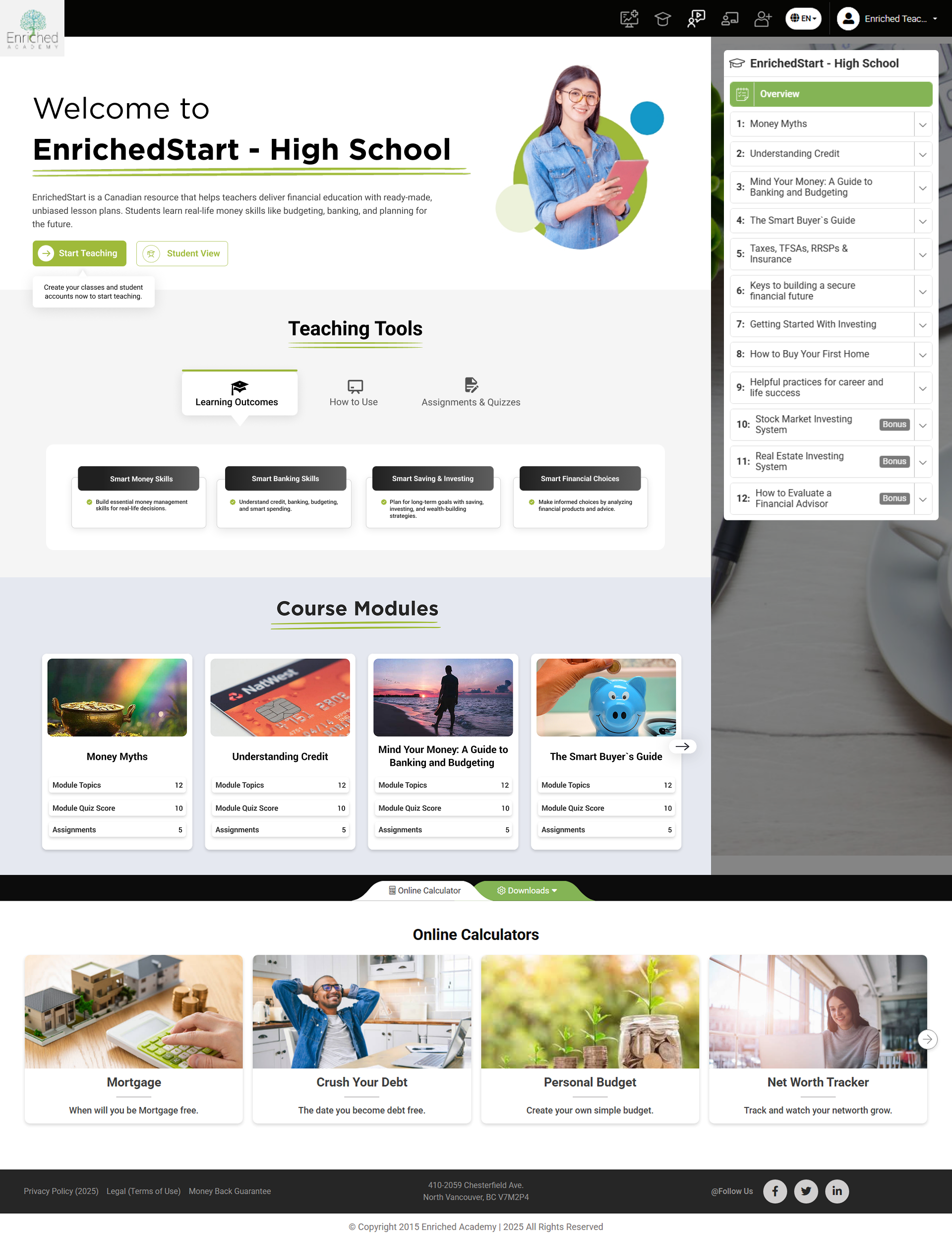 Enriched Academy frontend dashboard design slide one