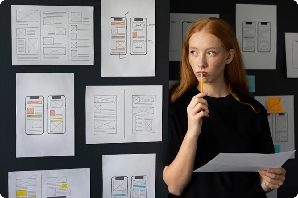 UX planning board with wireframes